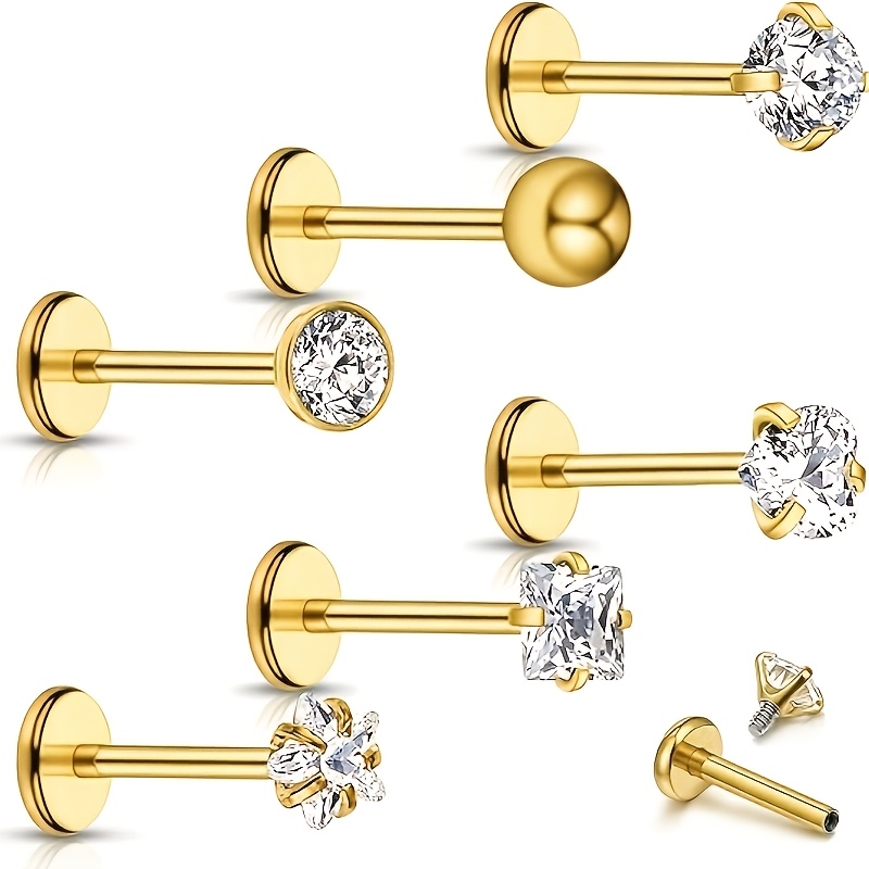 TEMU Piatto 2D, 6 pz Orecchini a labret per naso, , con retro piatto, filettatura in acciaio inossidabile chirurgico per cartilagine, , elice, daith,