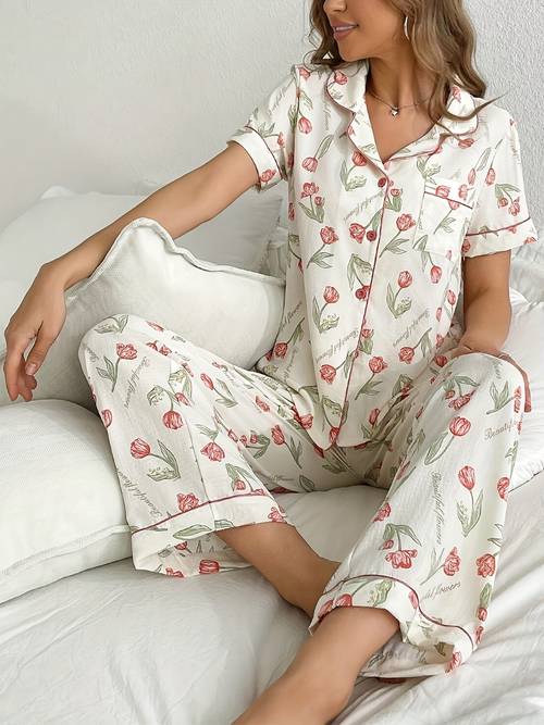 spring autumn womens ultra floral collar casual pajama 2pcs set comfortable short sleeve top and elastic waist long pants