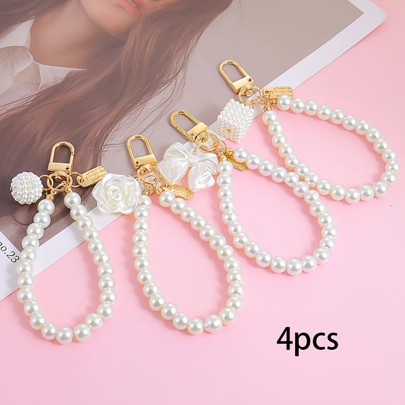 TEMU 4pcs Faux Pearl String Chain Bowknot Flower Pendant Keychain Women' Phone Bag Charm