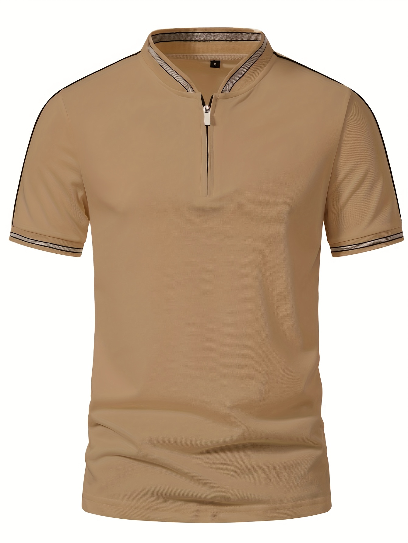 Men'S Casual Short Sleeve Polo Shirt - Beige with Black Side Stripes, Comfortable Breathable Fabric, Mandarin Collar, Zipper Detail, Perfect for Sports, Outdoor Activities & Casual Wear, Sports Casual Wear | Minimalist Design | Comfortable Fit