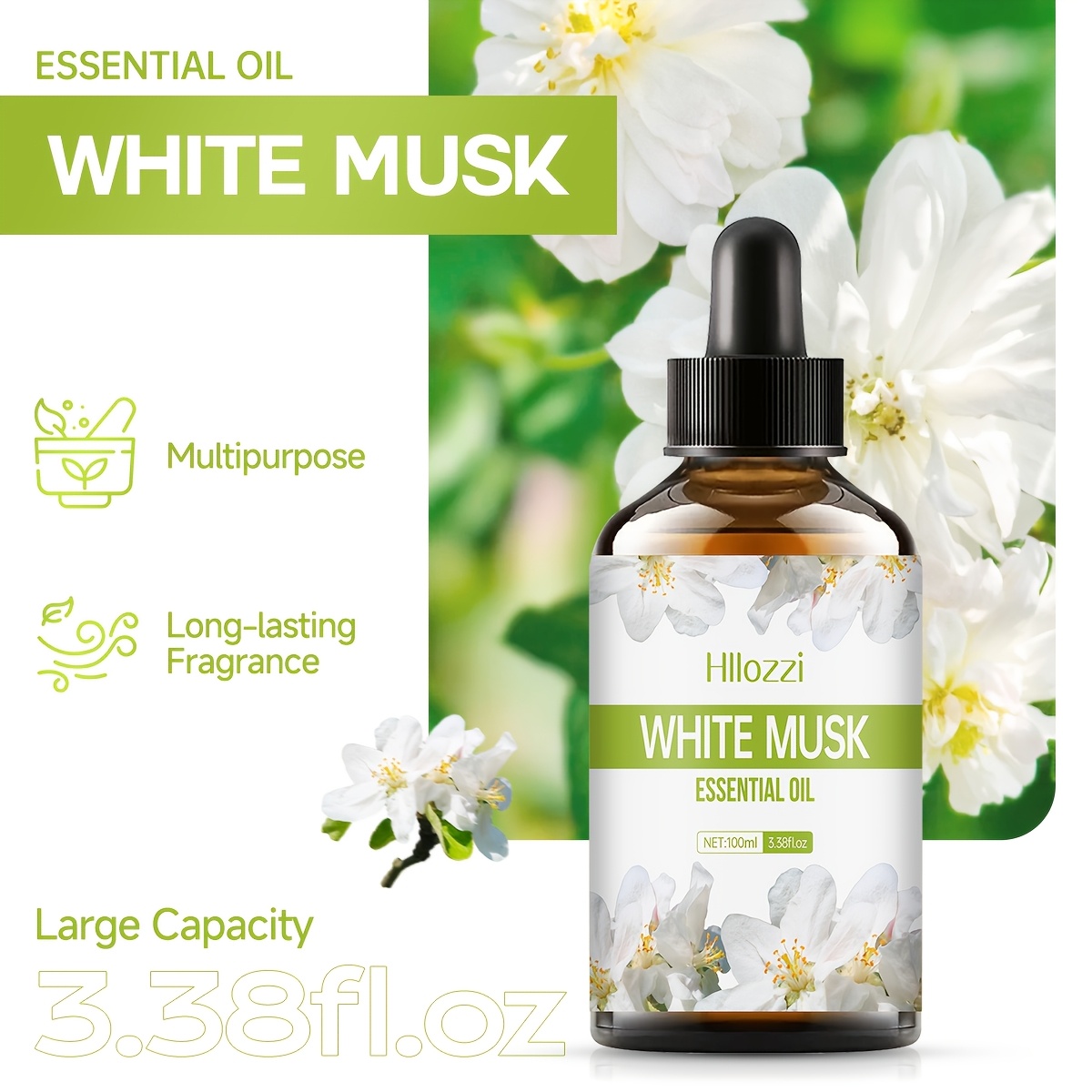 Hllozzi White Musk Essential Oil - 100ml/60ml/30ml (Bulk Discount) Long-Lasting Soft Musk Scent, Oil for Diffusers, Candles, Incense, DIY Blends, Home & Use, Elegant Gift for &, Beige- Fragrance