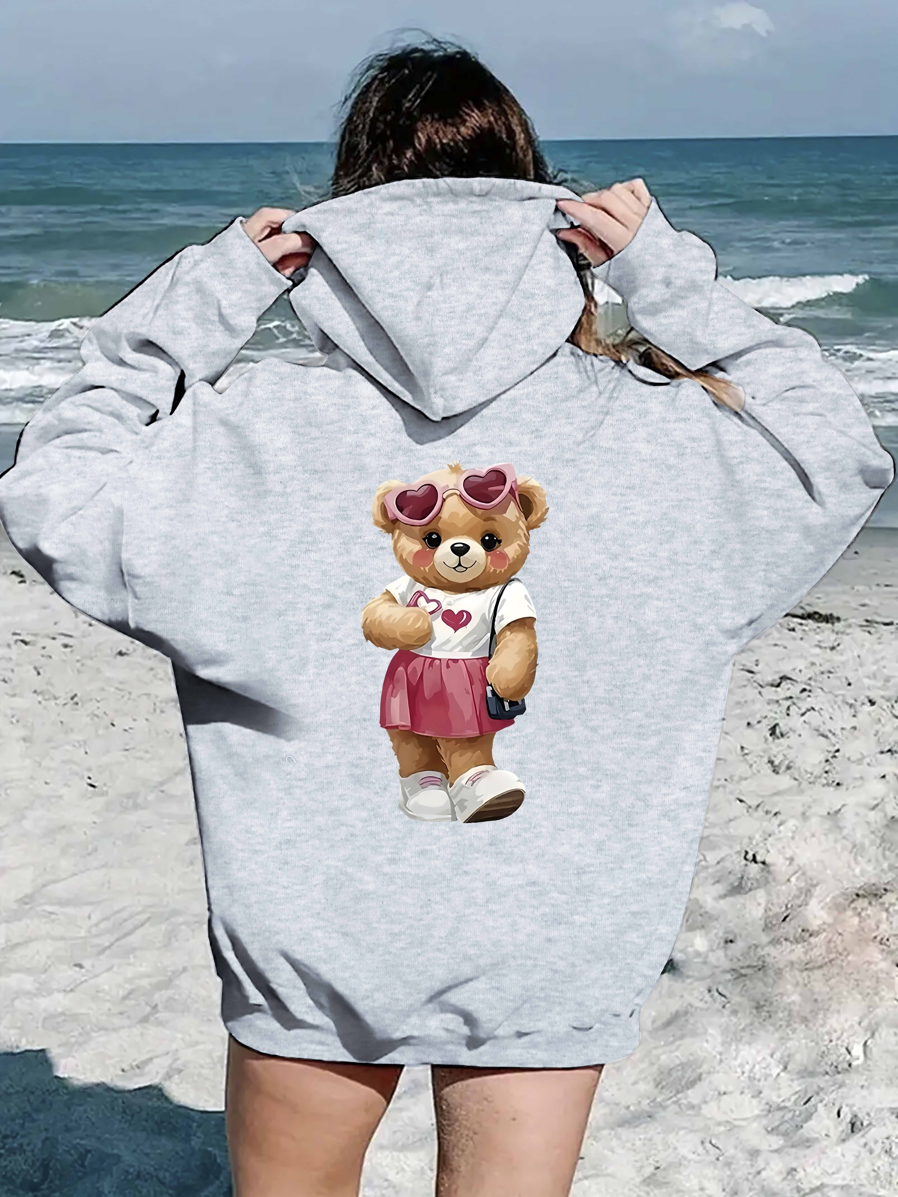 teddy bear print kangaroo pocket hoodie, casual long sleeve