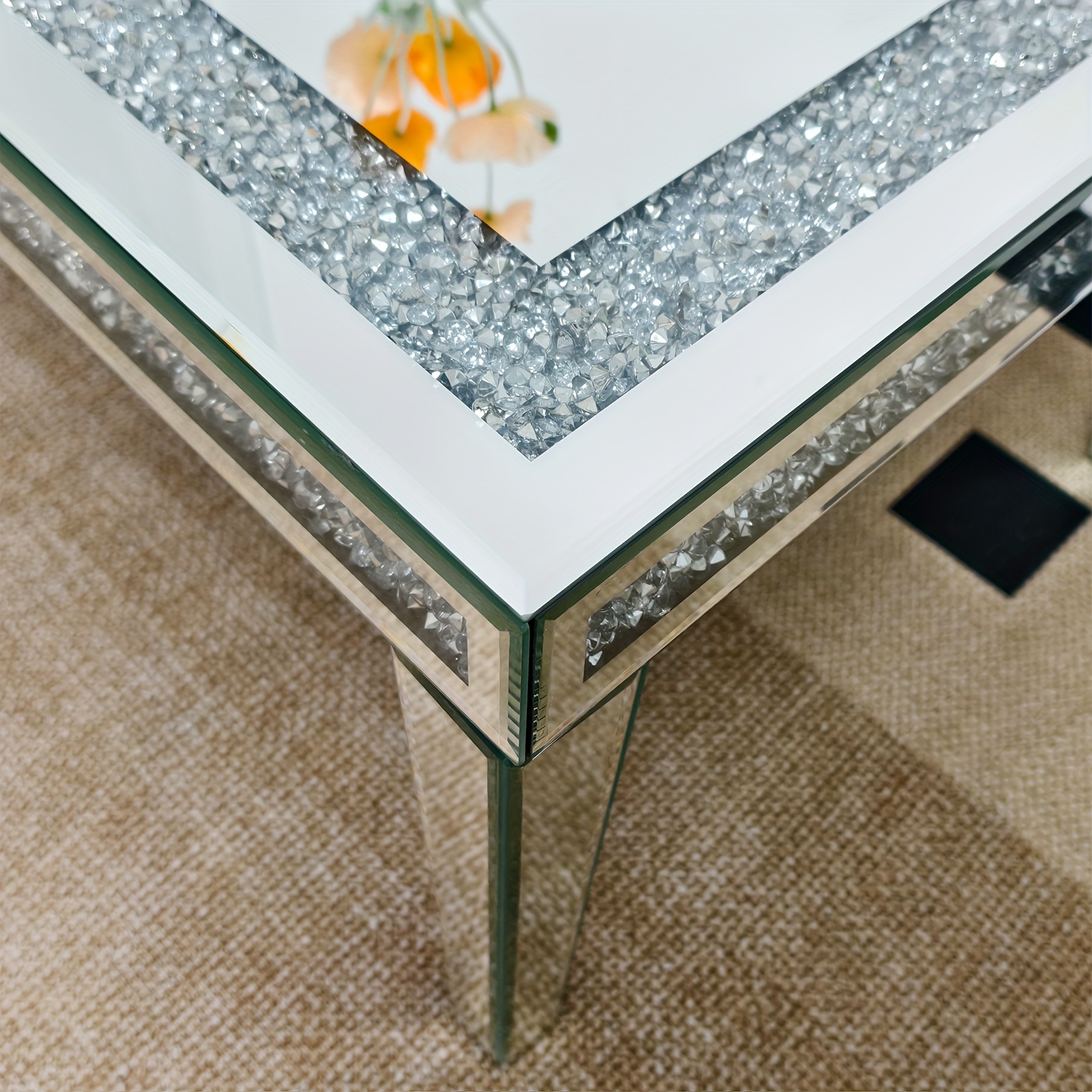 120cm long silvery mirrored coffee table with   luxury rectangular   table for living room modern bling   crushed diamond decor large table