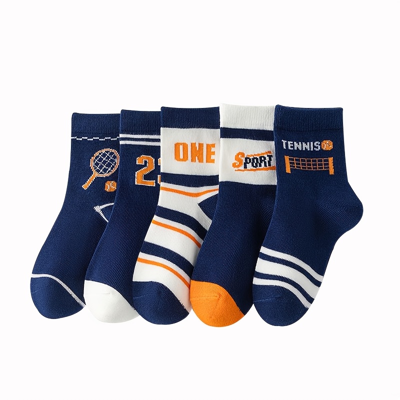 Image of 5-pair Boys' Mid-calf Socks - Tennis-themed Spring/fall Casual & Athletic Socks With Multicolor Ankle Suitable For Tennis, & Casual Attire - Comfortable Socks ()