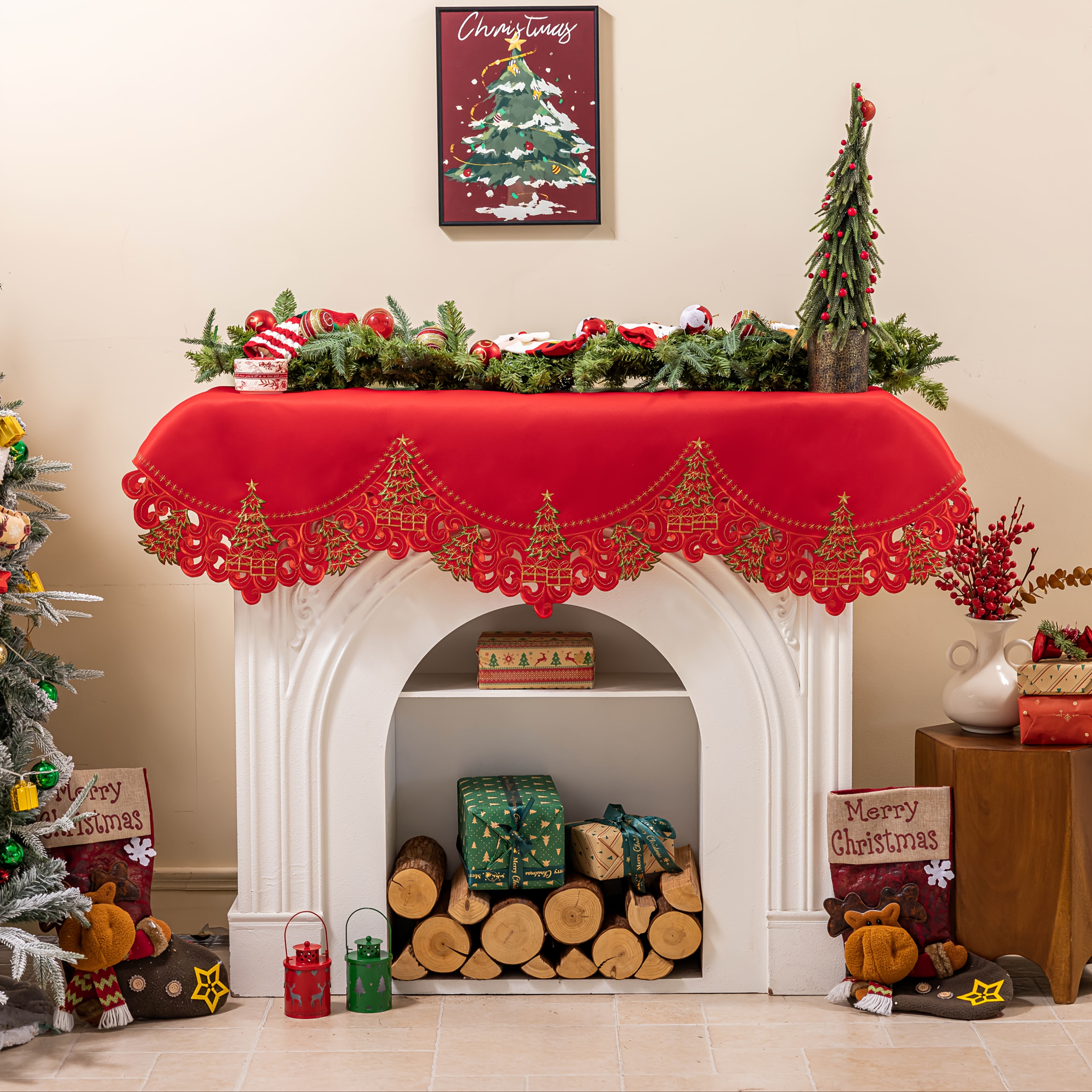 1pc Elegant Red &  -like Polyester Fireplace Mantel & Table Runner - Square Christmas Decorative Fireplace Cover with Scalloped Edges, Durable Easy-Clean Fabric for Mantle, Dining Table, Kitchen, Coffee Shop Holiday Decorations (Red/Golden/Green) - Festive Fireplace Mantle Decor with Intricate Lace Patterns, Suitable for Christmas   and Parties, Fireplace  , Christmas Fireplace Scarf, Vintage Christmas Decor, Christmas Table Decor