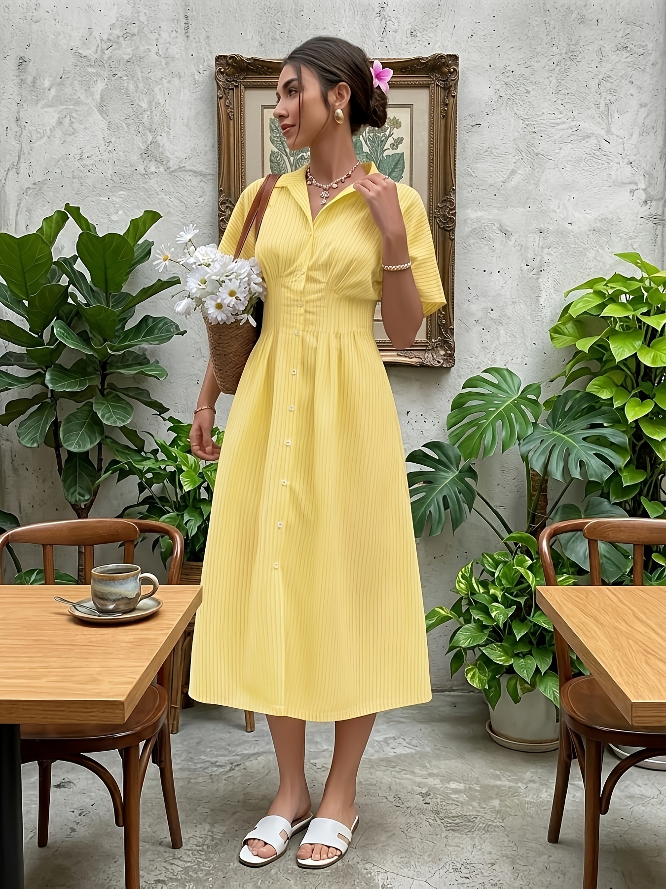 Women'S Yellow Shirt Dress, High-End Vertical Stripes, Waist