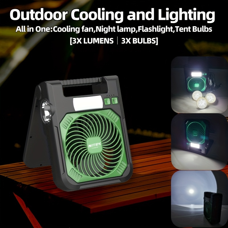 Portable Solar Fan with LED Night Light & Flashlight - USB Rechargeable