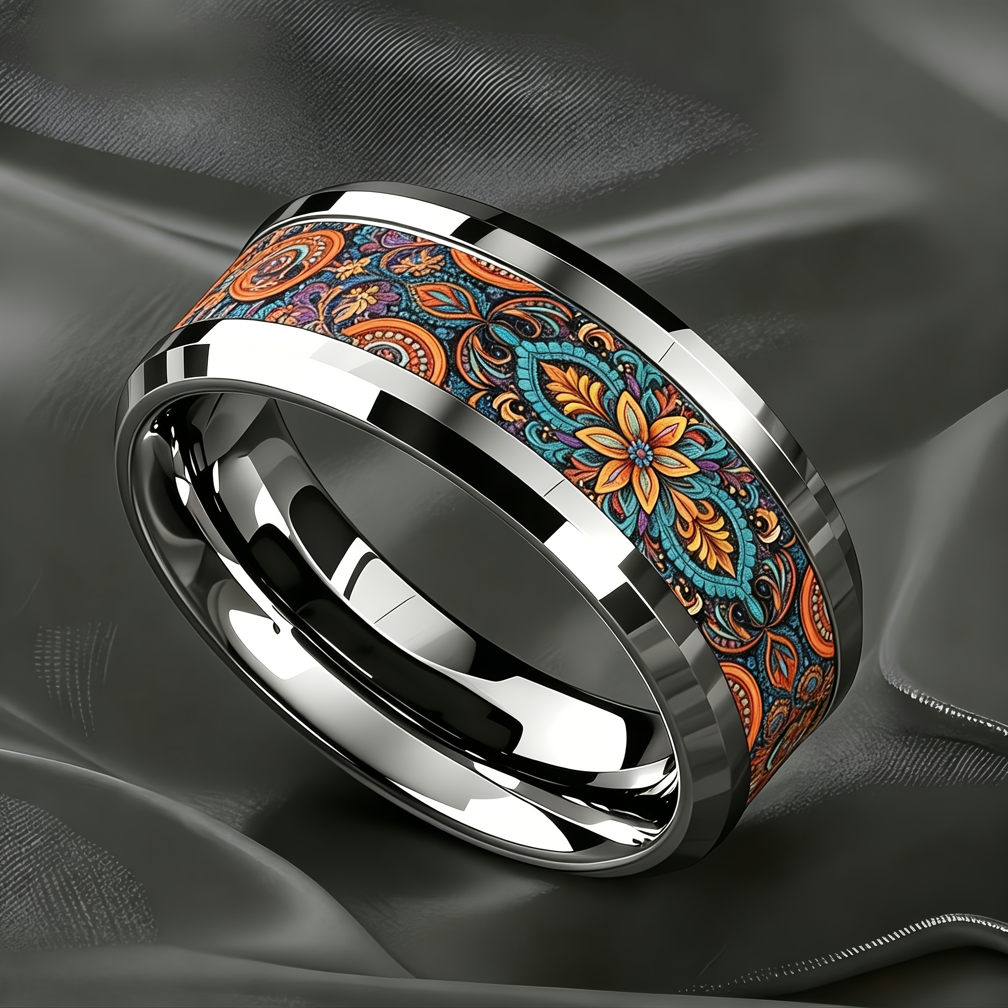 Bohemian Mandala Paisley Floral Pattern Stainless Steel Ring