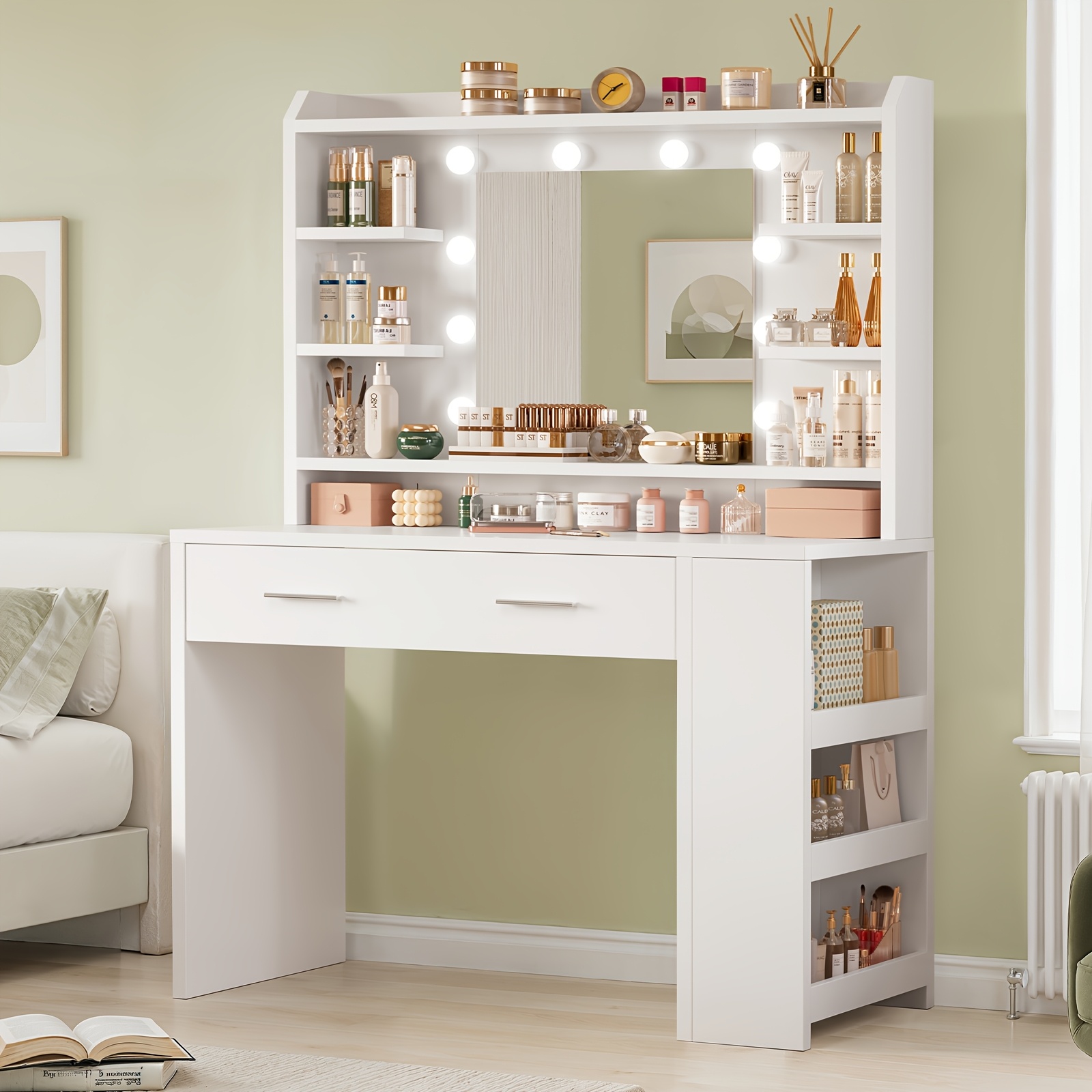 Dressing Table With Led Mirror, Makeup Vanity Desk With 1 Drawer And 8 Storage Shelves, For Bedroom/bathroom