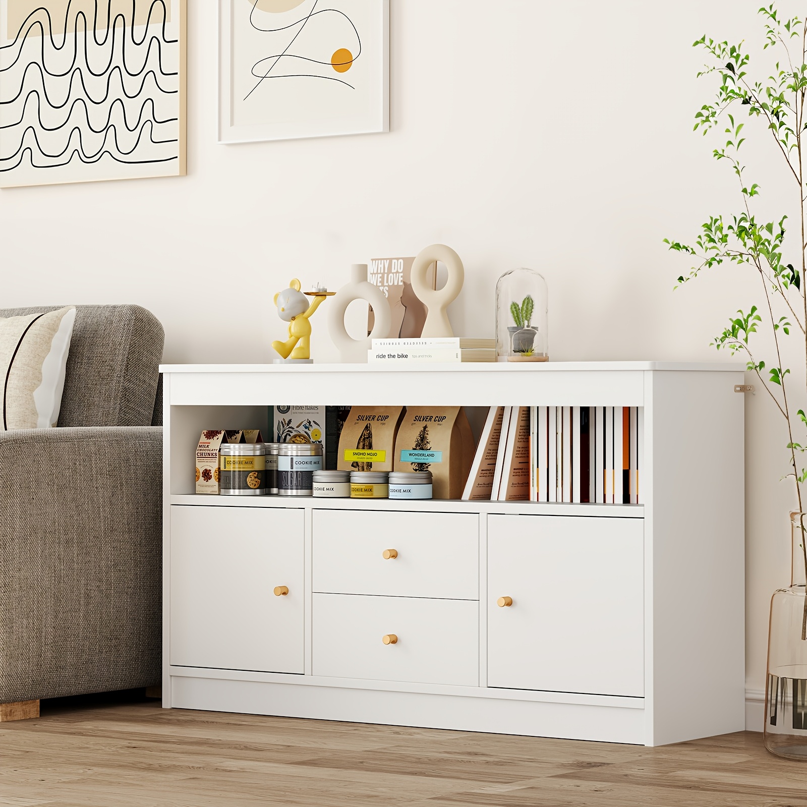 Image of Cabinet, Wooden Shelf, Cabinet With 2 Drawers And 2 Doors, Book Organizer, Storage Cabinet For Room, Bedroom, 106 X 30 X 62 Cm (pink)