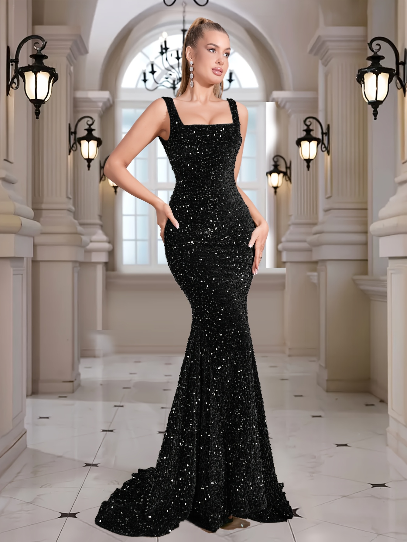 elegant sequin mermaid dress sleeveless square - Temu Germany