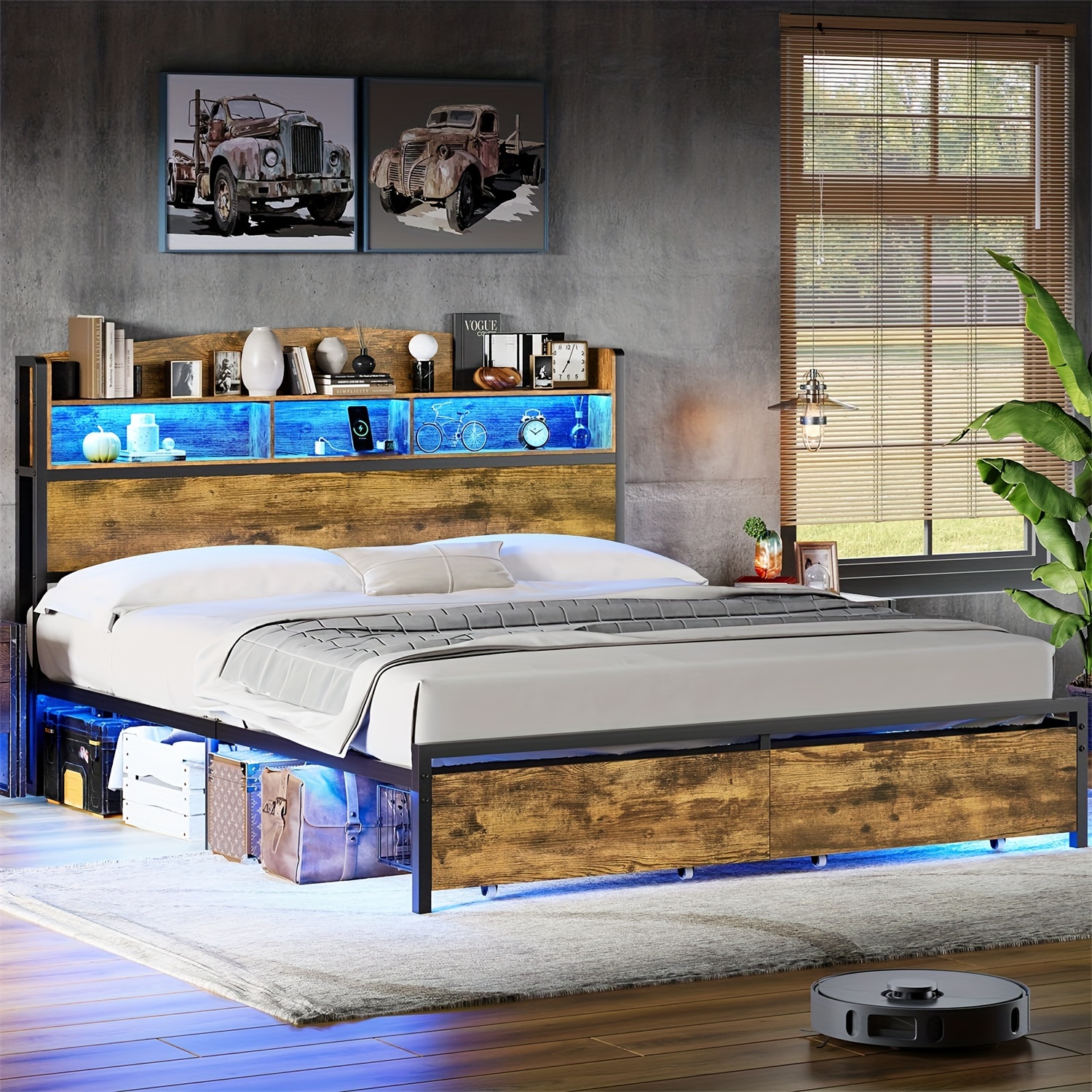 

Full Led Bed Frame With Charging Staion & Storage Shelves, Platform Bed With Drawers For Bedroom, No Noise, Rustic Brown