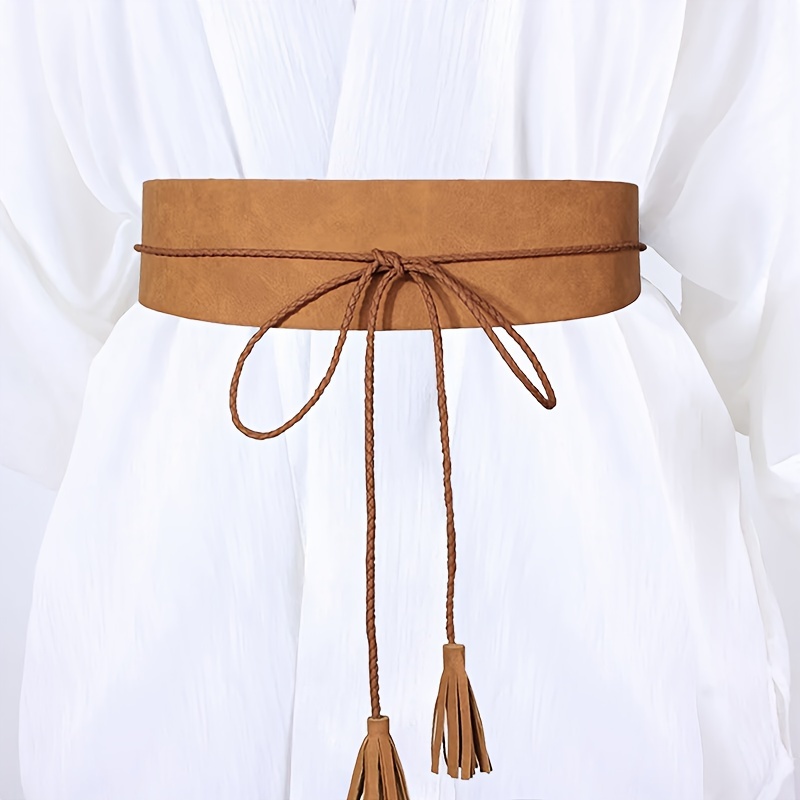 

Bohemian Style Women's Belt, Wide Soft Wrap Obi Waist Band With Tassel, Adjustable Tie, Slimming Accessory For Dresses And Blouses