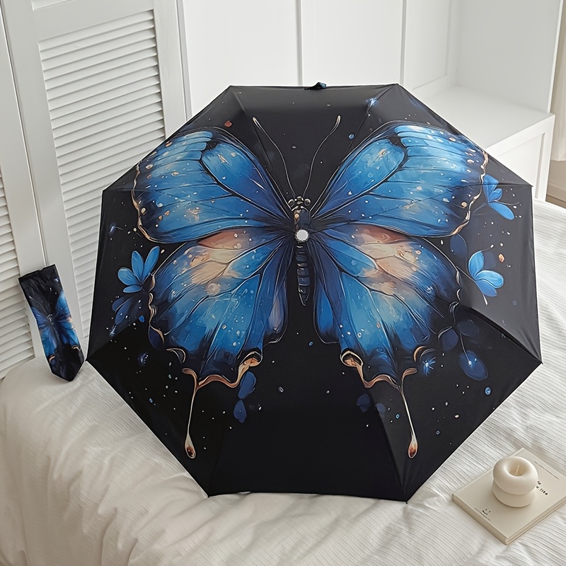Automatic Parasol With Dancing Butterflies, 8 Reinforced Fiber Ribs, Durable Foldable Design - Elegant Gift For , Travel & Daily Use
