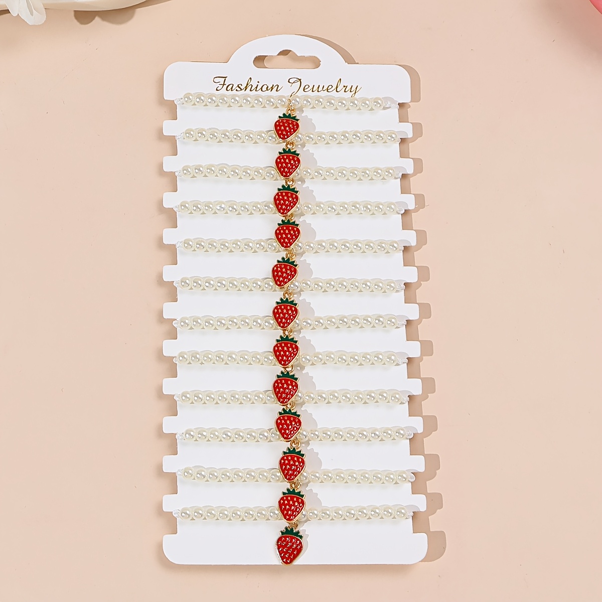 TEMU 12pcs Strawberry Bracelet With Strawberry Pendants & Beads - Suitable For Weddings, Birthdays, Vacations - Everyday Gift, Wearable Accessories