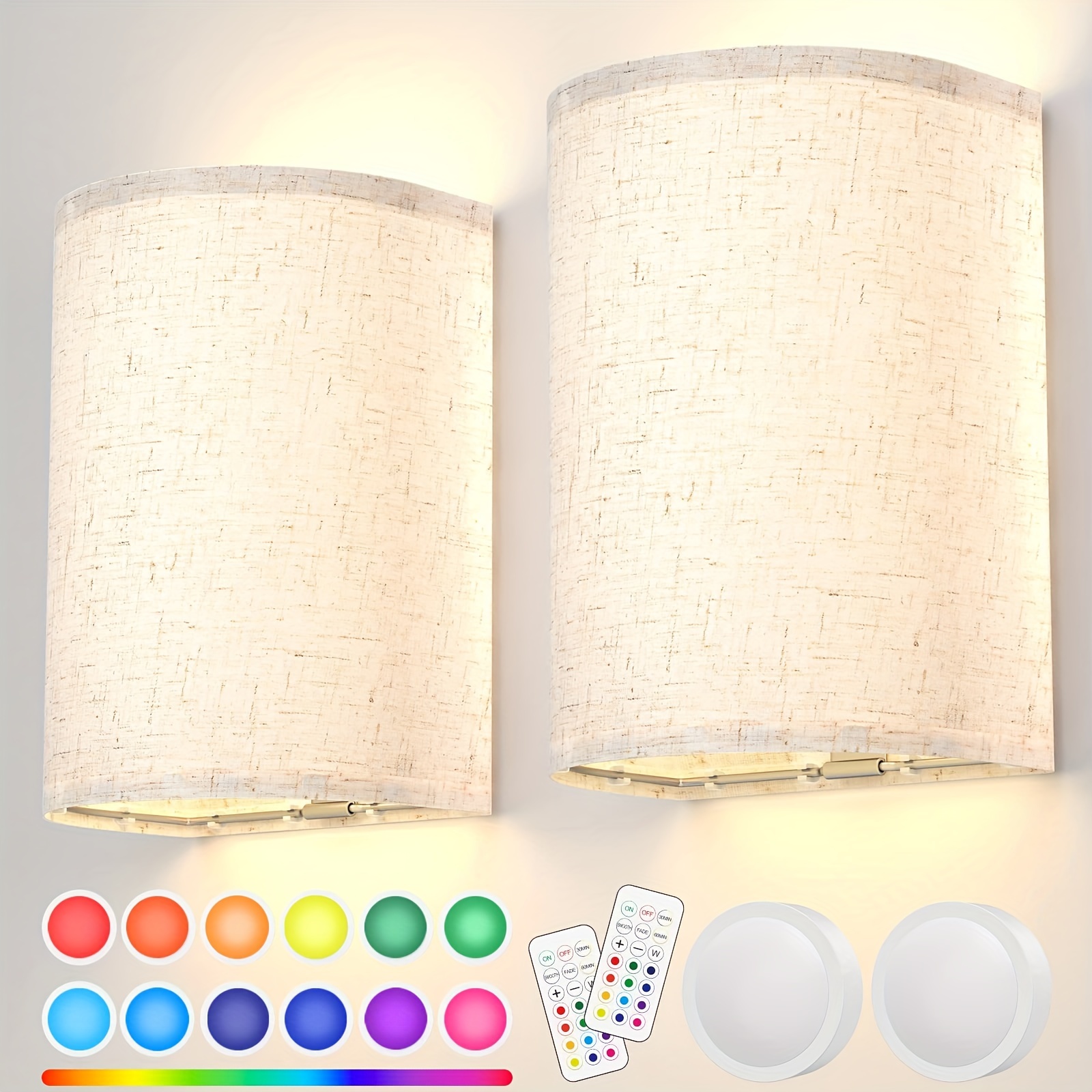 

Wall Sconces Set Of Two, Rechargeable 3 White/ Rgb Color Dimmable Wall Lights Fixtures With Remote Control Magnet Mounting Fabric Lamp Sconces For Bedroom Living Room Hallway