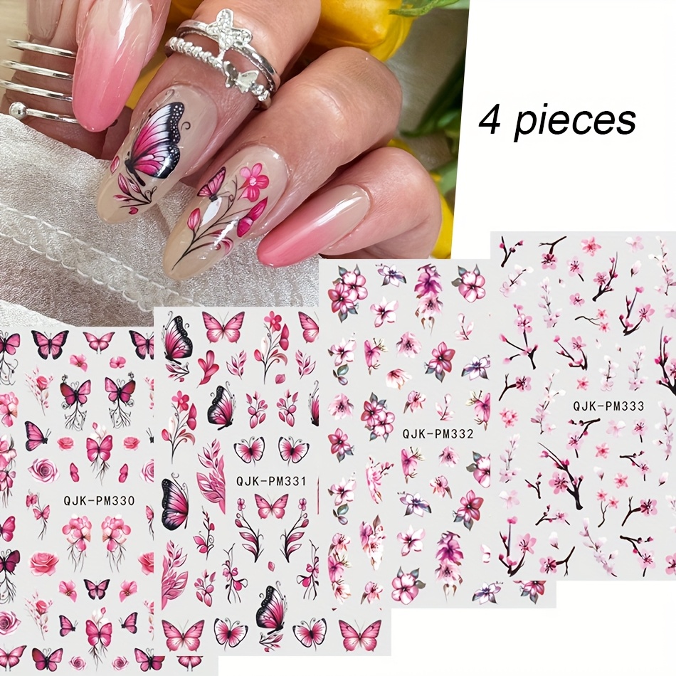 Image of 4 Sheet Spring Flowers 3d Nail Art Stickers, Cherry Peach Flowers Pink Butterflies Nail Art Stickers, Nail Decals For Diy Nail Supplies