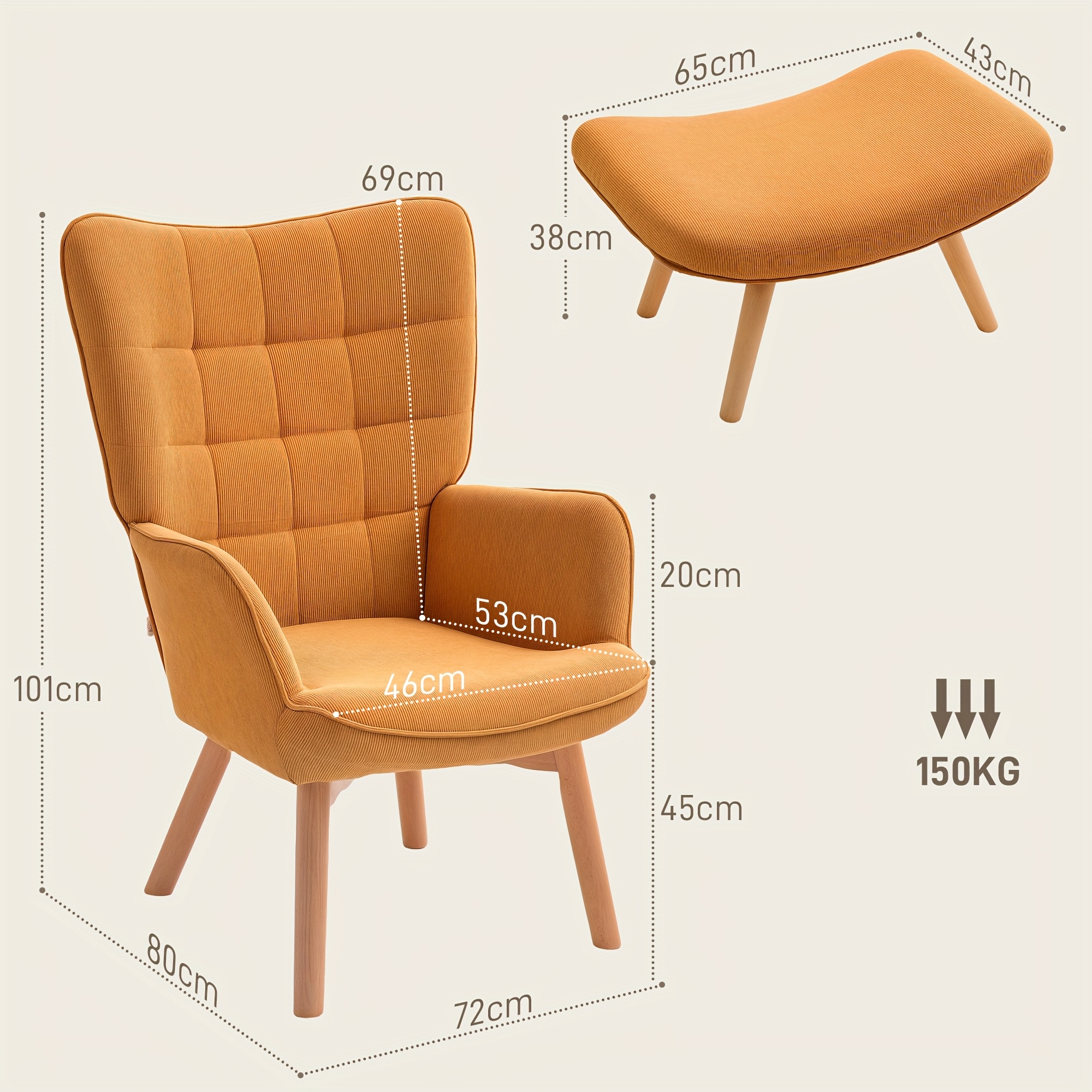 plüsch orange leisure stuhl fußbank holzbeinen corduroy