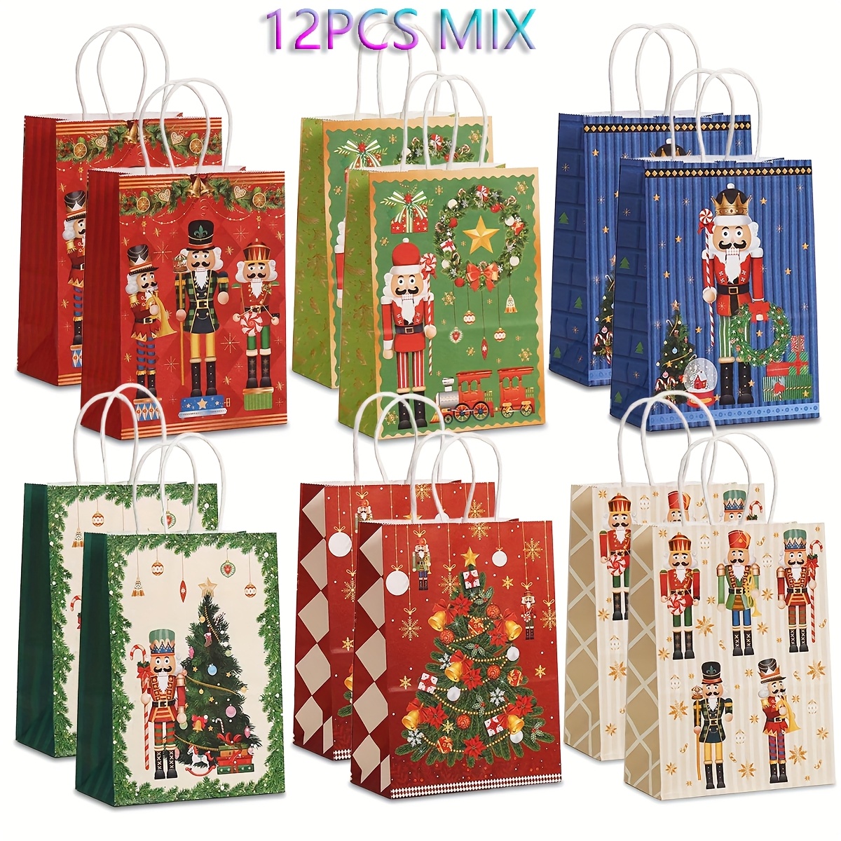 TEMU 12pcs Christmas Nutcracker Print Tote Bag Gift Bag Paper Gift Packaging Bag Shopping, Christmas Holiday Santa Claus, Christmas Tree Patterns,