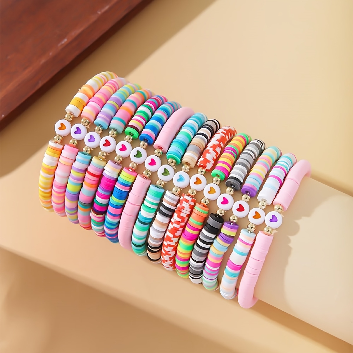 15pcs Surfer Beaded Bracelet Set For Women, Stackable Bohemian Clay Beaded Bracelets, Adjustable Elastic Friendship Bracelets, Jewelry Gift For Birthday