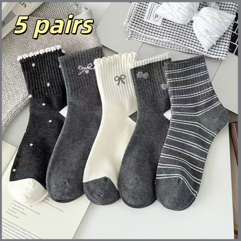 TEMU 3/5pairs Striped Crew Socks For Women, Autumn Winter Gray Korean Academy Style Mid Calf Socks, Cute Polka Dot Casual Sports Socks, Fall Fashion