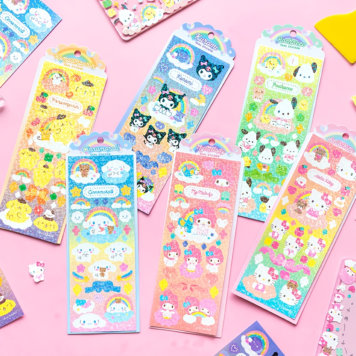 

6pcs/set Kuromi Cinnamoroll Hellokitty Melody Sanrio Laser Children's Cartoon Stickers Cute Hand Account Gu Card Mobile Phone Decoration Rainbow Stickers Waterproof And Scratch Resistant