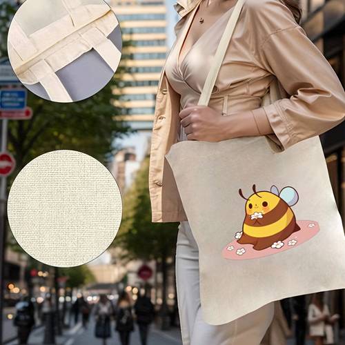 bee picking flower sticker canvas shoulder bag large capacity multi functional travel bag with cartoon design leisure activities and as a handbag