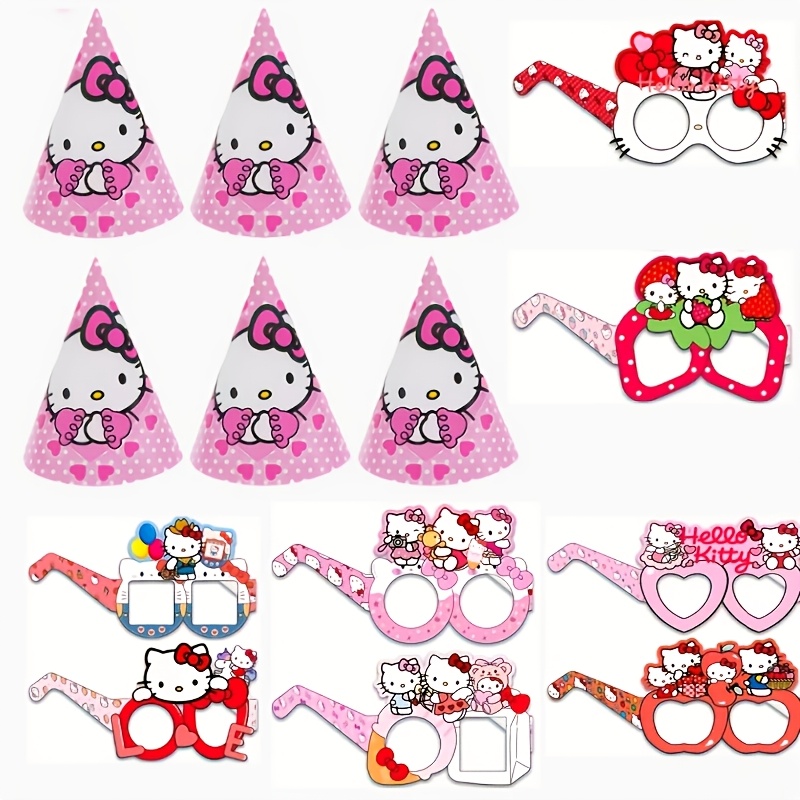 Image of 14pcs Of Hello Kitty Themed Paper Glasses And Kitty Cat Paper Hats For Party Celebrations, Birthday Parties, Photo Props, Cartoon Kt Cat Glasses, And Party Decorations