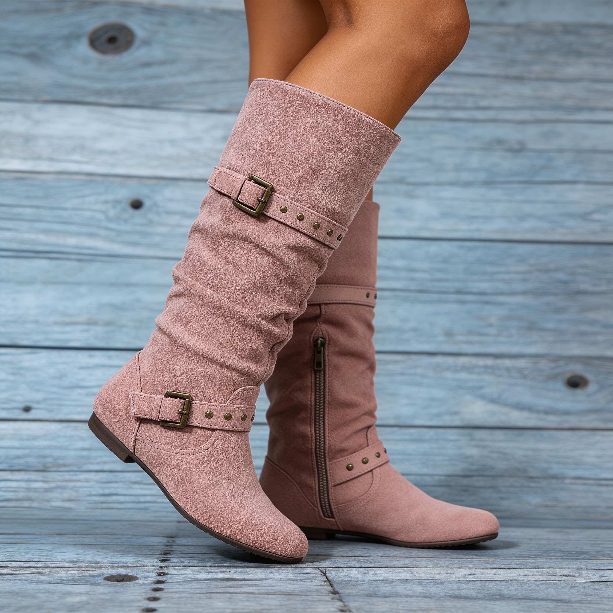 item picture retro western style studded   ankle boots beige pink ruched slouch   calf boots   street style casual outfits women shoes
