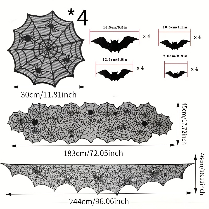TEMU (party Tablecloth) 22pcs For Halloween Decoration Set, Including Black Lace Web Table Flag, Enormous Web Fireplace Scarf, 4 Circular Table Mats,