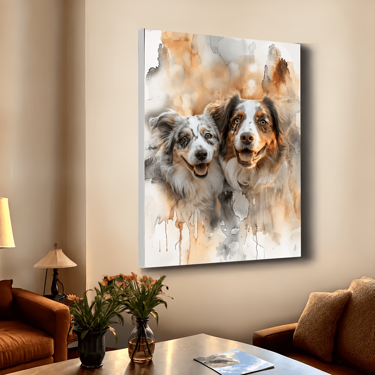 TEMU Affiche sur toile personnalisée avec portrait de compagnie 2D plat, décoration intérieure personnalisée avec photo de chien, cadre enveloppant,