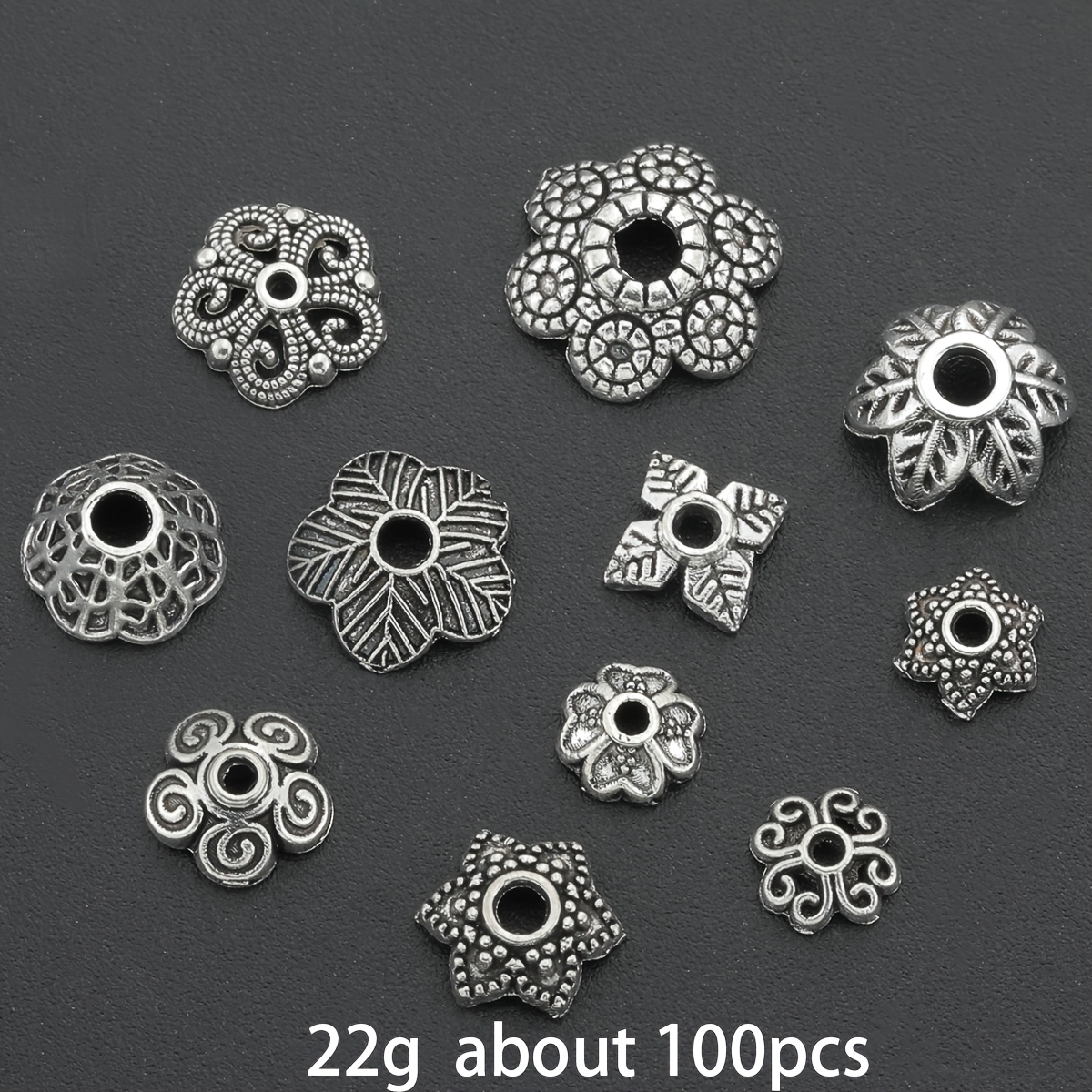 Image of 100pcs Bead Caps | Hollow Dot Pattern, Spiral Pattern, Clover Shaped Spacers, Pendant Bead Holders, Bead Connectors, Fringe Caps, For Jewelry Making, Keychains, Bag Additions - Alloy