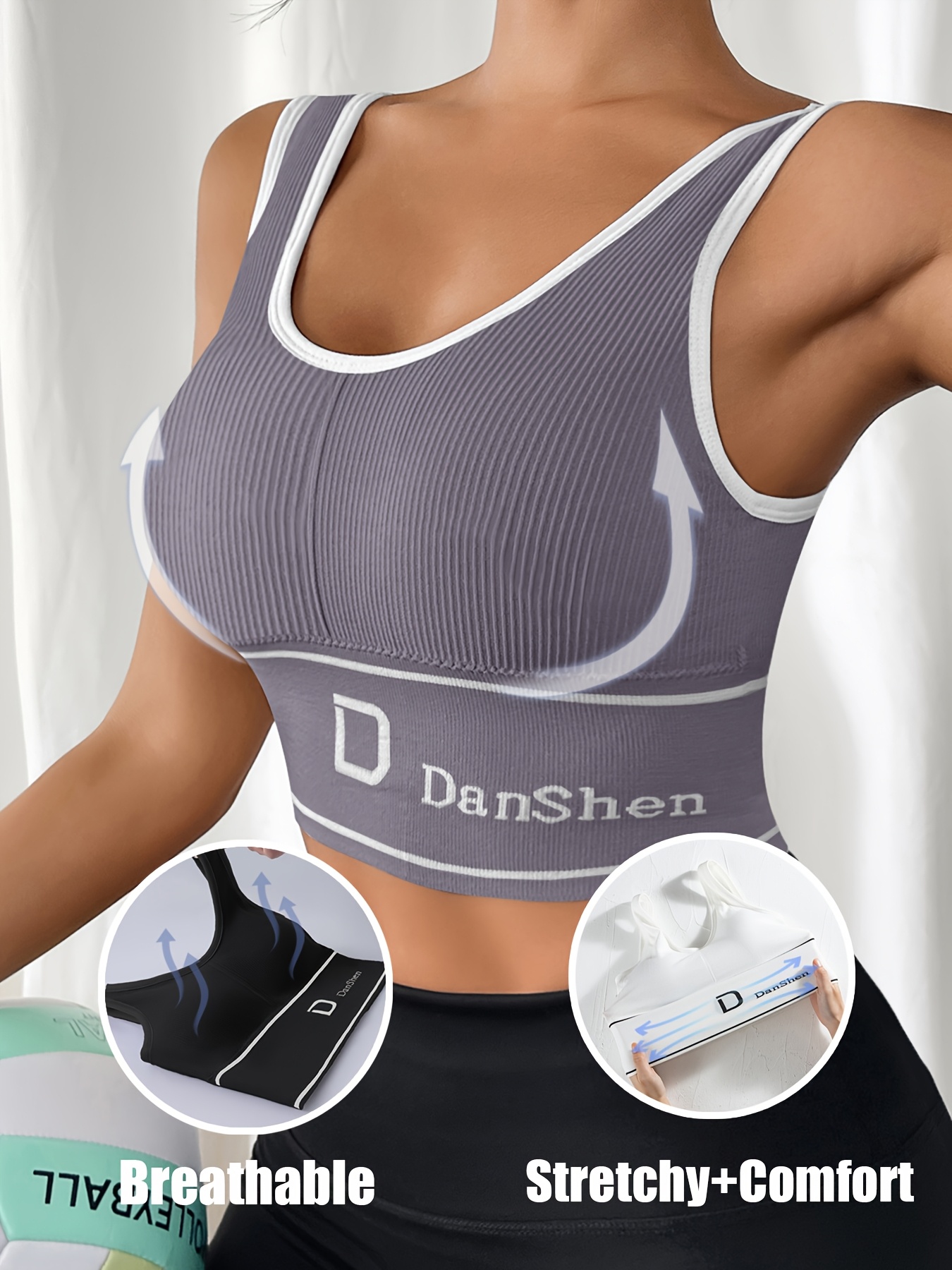 DanShen Women's High-Support Sports Bra - Wireless, Padded, Stretchy Nylon Blend for Yoga & Running, Mint Green Ribbed Design with White Logo, Machine Washable