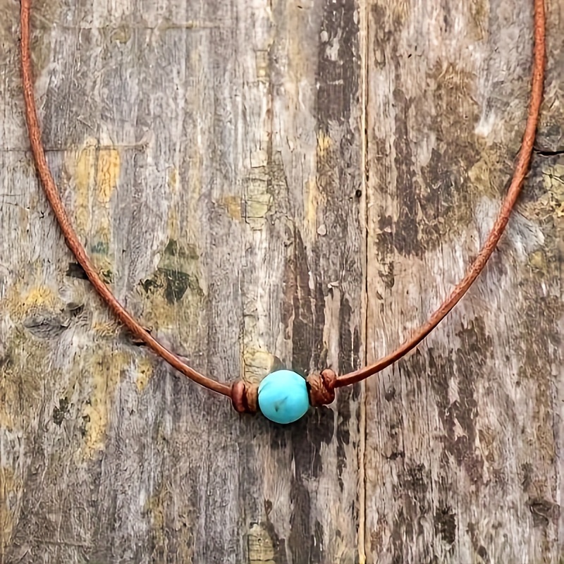 

Vintage Elegant Handmade Leather Rope Necklace Turquoise Round Bead, Braided Clavicle Chain For Daily & Gift , Jewelry