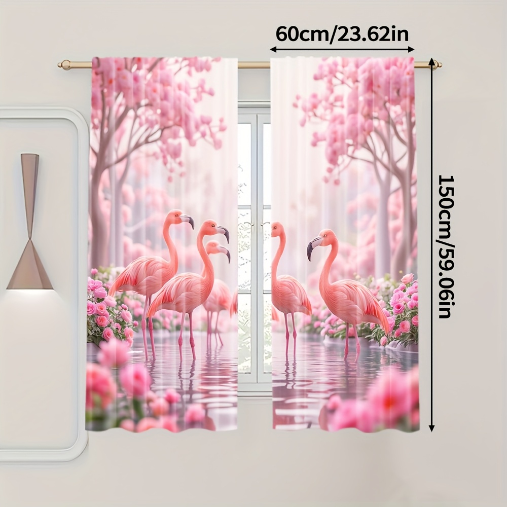 TEMU 2pcs Flamingo & Cherry Print Curtains - Durable 100% Polyester Light Filtering Rod , Machine Washable For Bedroom, Living Room, Office - Home