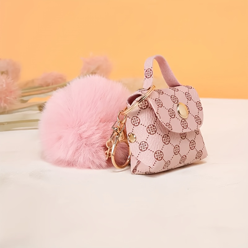 

Chic Pom Pom Keychain With Coin Purse - Trendy Leather Bag Charm & Accessory, Perfect Valentine's Gift For Women