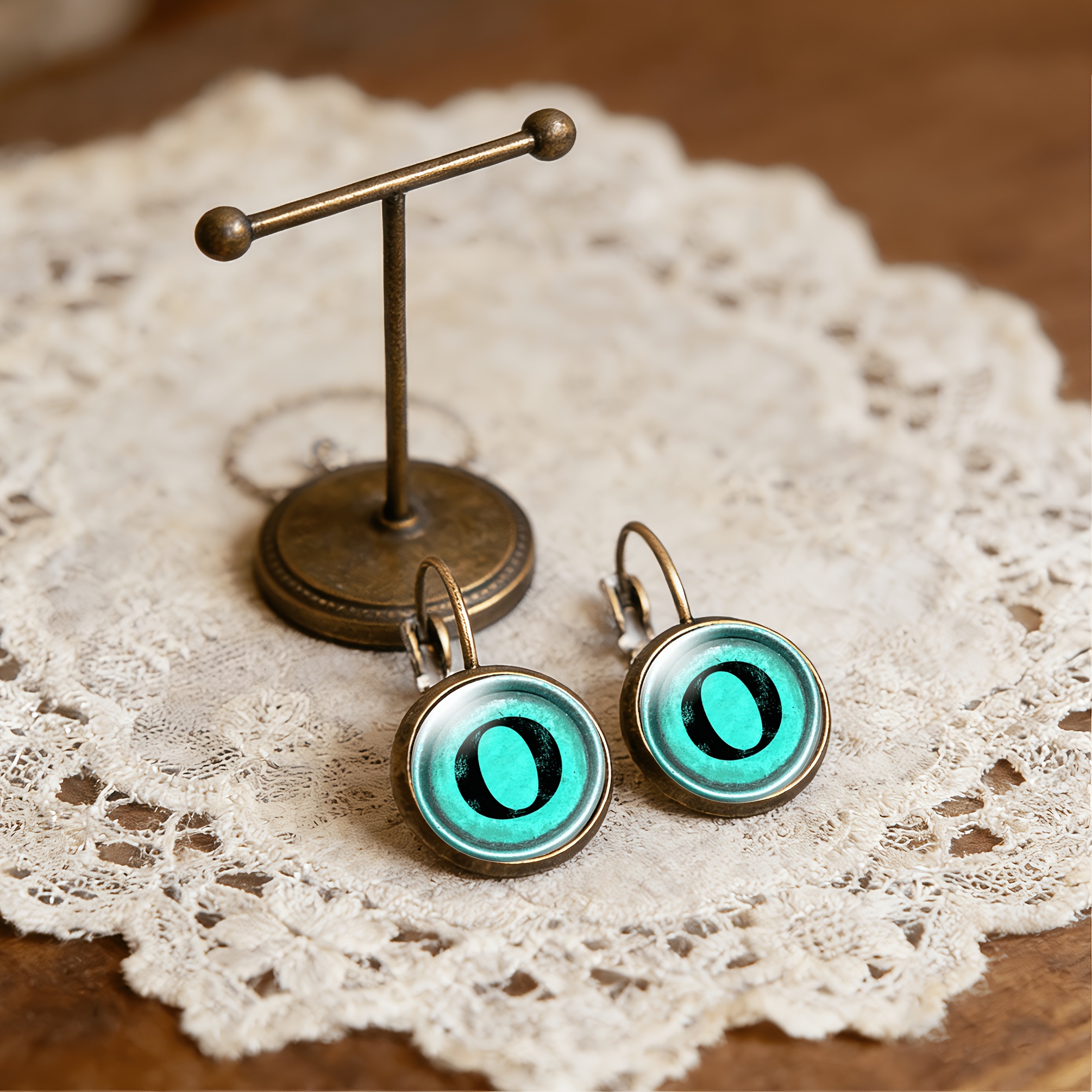 2pc Cyan Round Classical Earrings Set with Metal Texture