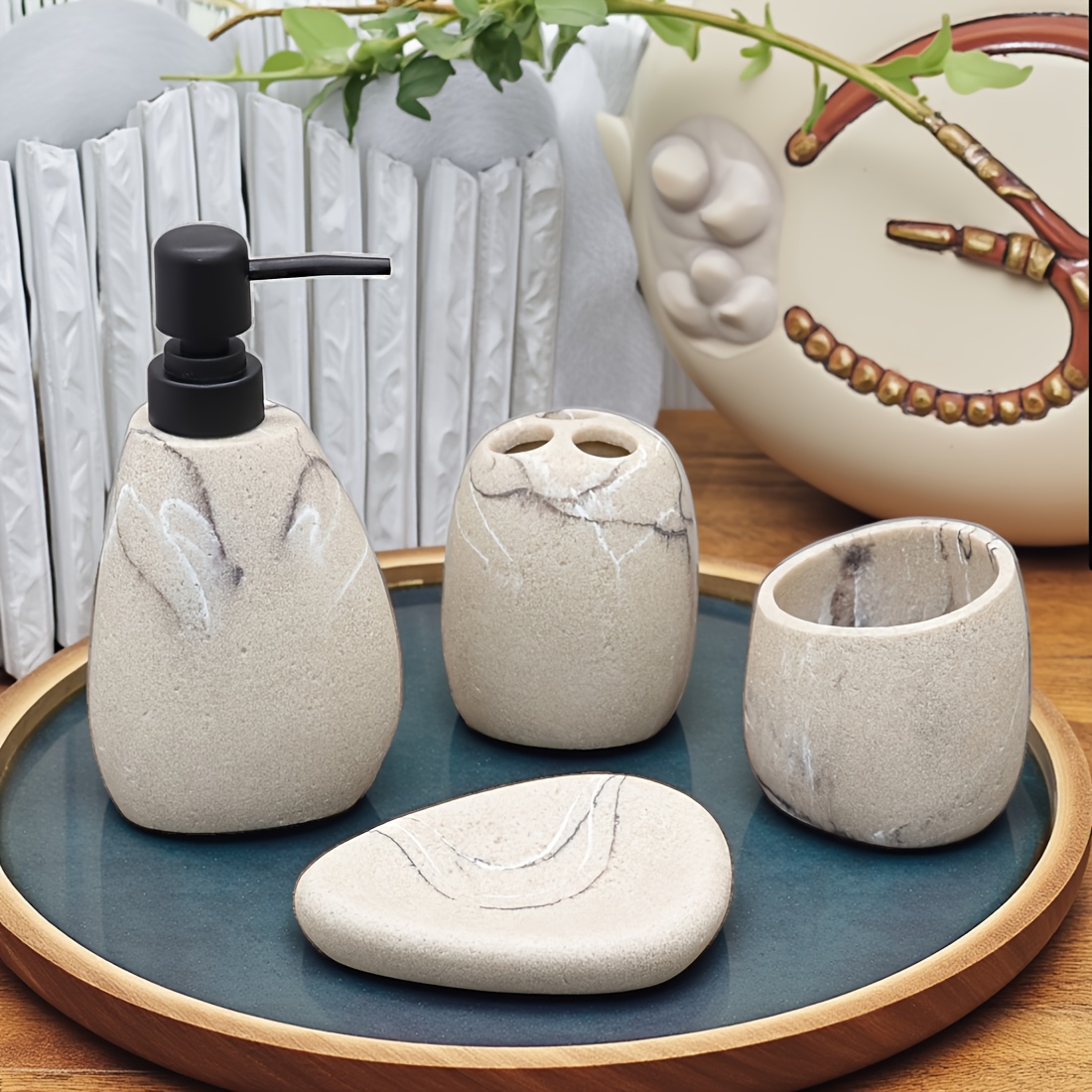 A 4pcs Bathroom Toiletries Set, Including a Mouthwash Cup, a Soap Dispenser, a Toothbrush Holder, And a Soap Dish, Available in Matte Black, White, Or Light Brown Bathroom Furniture Sets, Along with Decorative Accessory Sets