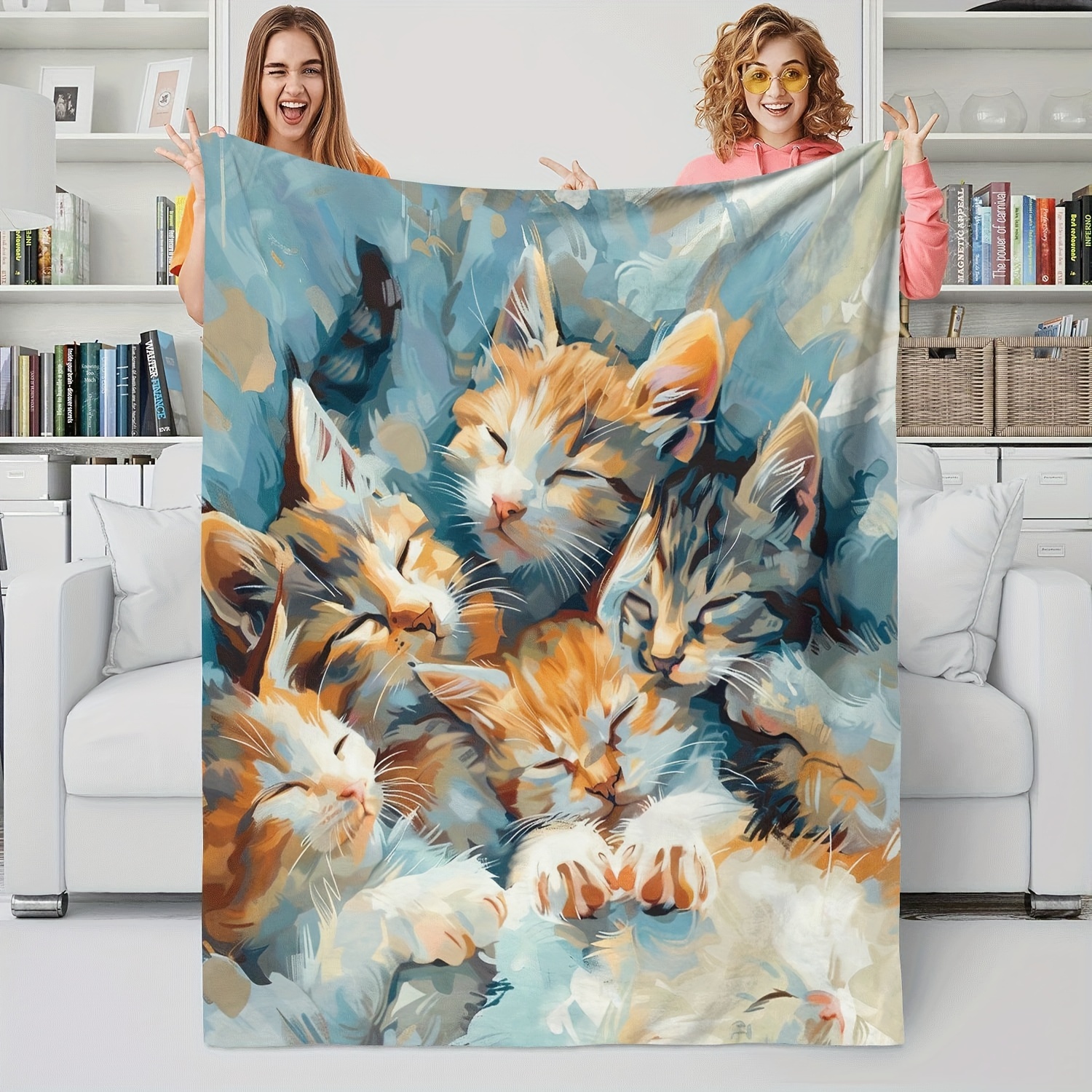 

1pc Gift Blanket For Cat Lovers Oil Painting Cat Soft Blanket Flannel Blanket Warm Skin-friendly Office Nap Throw Blanket, Sofa Bed Blanket