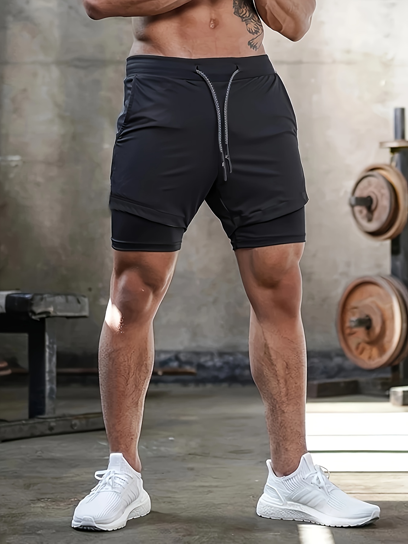 2-in-1 Double Layer Shorts With Inner Pocket, Men's Fashion Stretch Sports Shorts For Summer Gym Workout Training