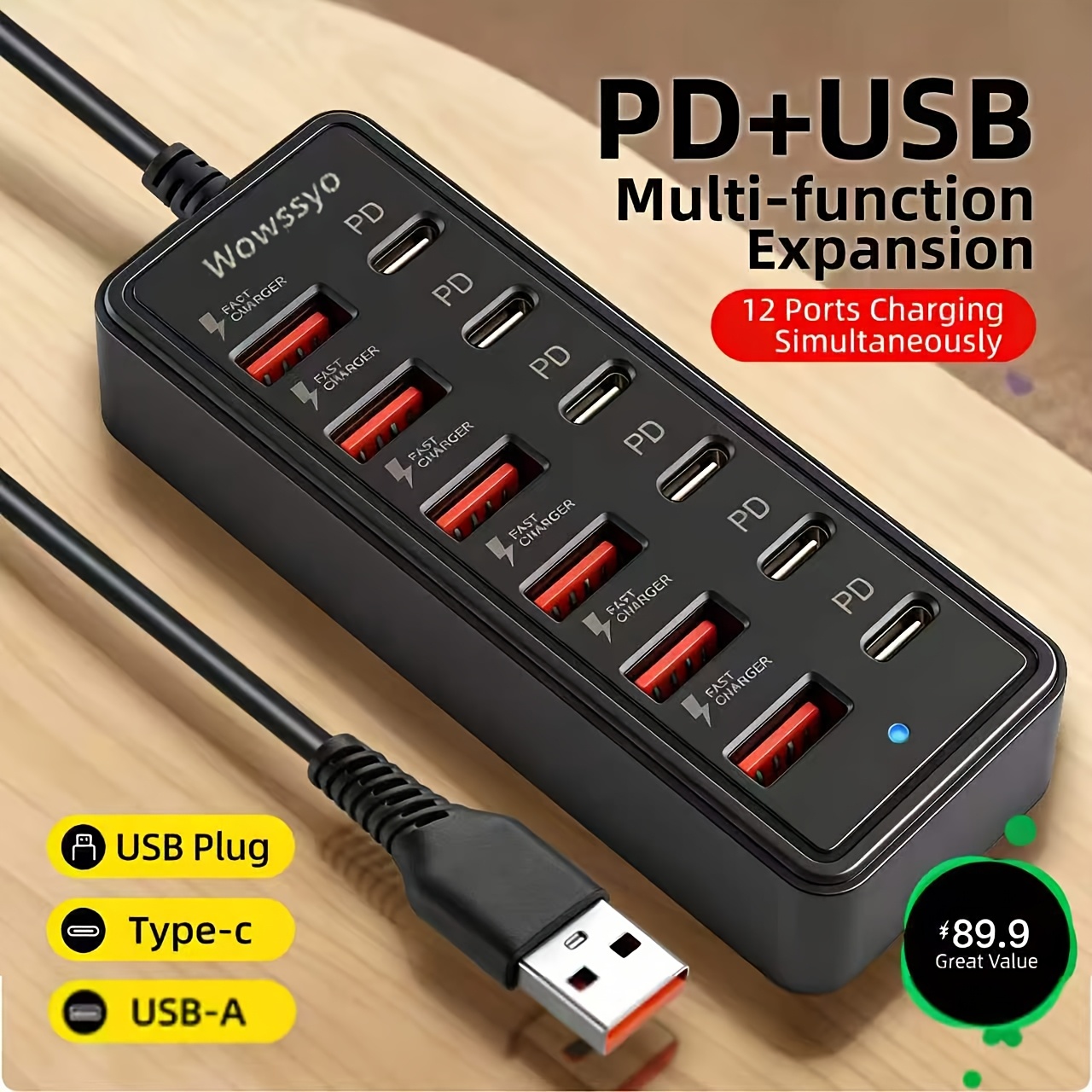 E-shop Wowssyo 12-in-1 65W Steckdosenleiste Adapter, 6 USB-Anschlüsse + 6 Typ-C Schnellladeanschlüsse, Typ-C Multifunktionsstecker/Multi-Output