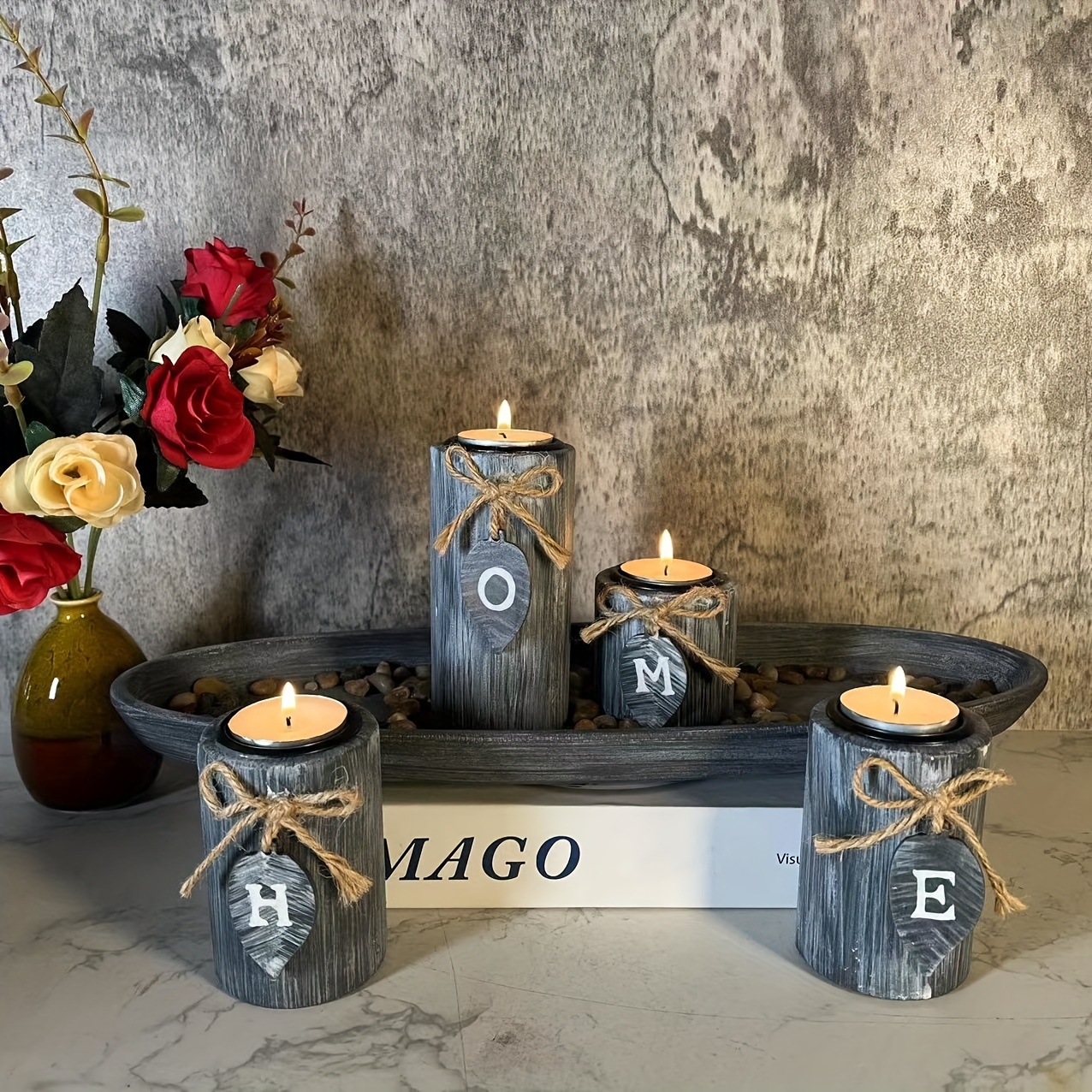 

1pc Wooden Candle Holder With "home" Lettering, Theme Tabletop Decor For Living Room, Garden, Villa - Artistic Holders