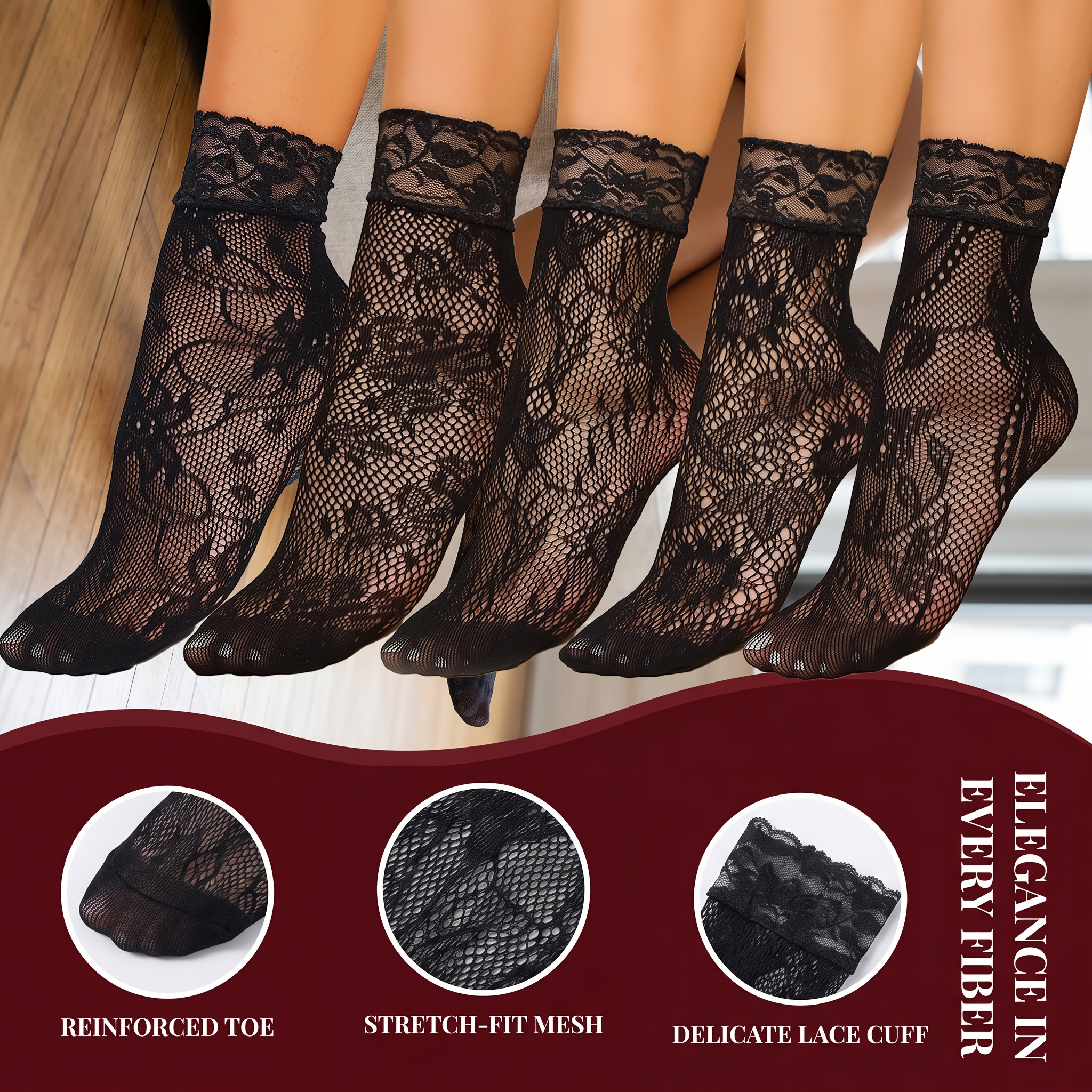 TEMU 5-pair Women's Hollow-out Fishnet Short Socks, Floral Print Women's Lace Mid-calf Socks