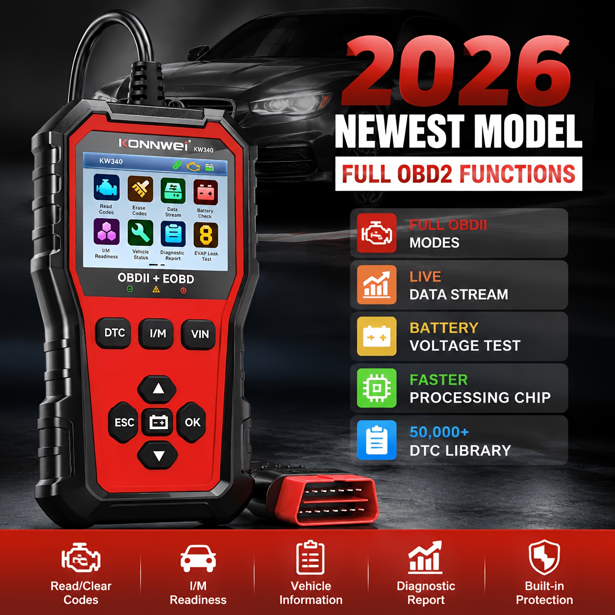 TEMU Konnwei Kw340 Scanner Diagnostic Tool For All Vehicles After 1996, Check Engine Code Reader With Live , Battery Test, I/m Readiness, Monitor,