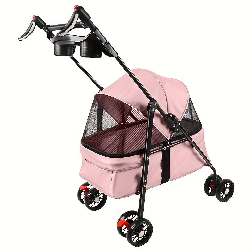 E-shop Hunde- Katzenwagen mit Mesh-Fenstern, 4-Rad tragbarer Haustierwagen für kleine Hunde Katzen, Pink