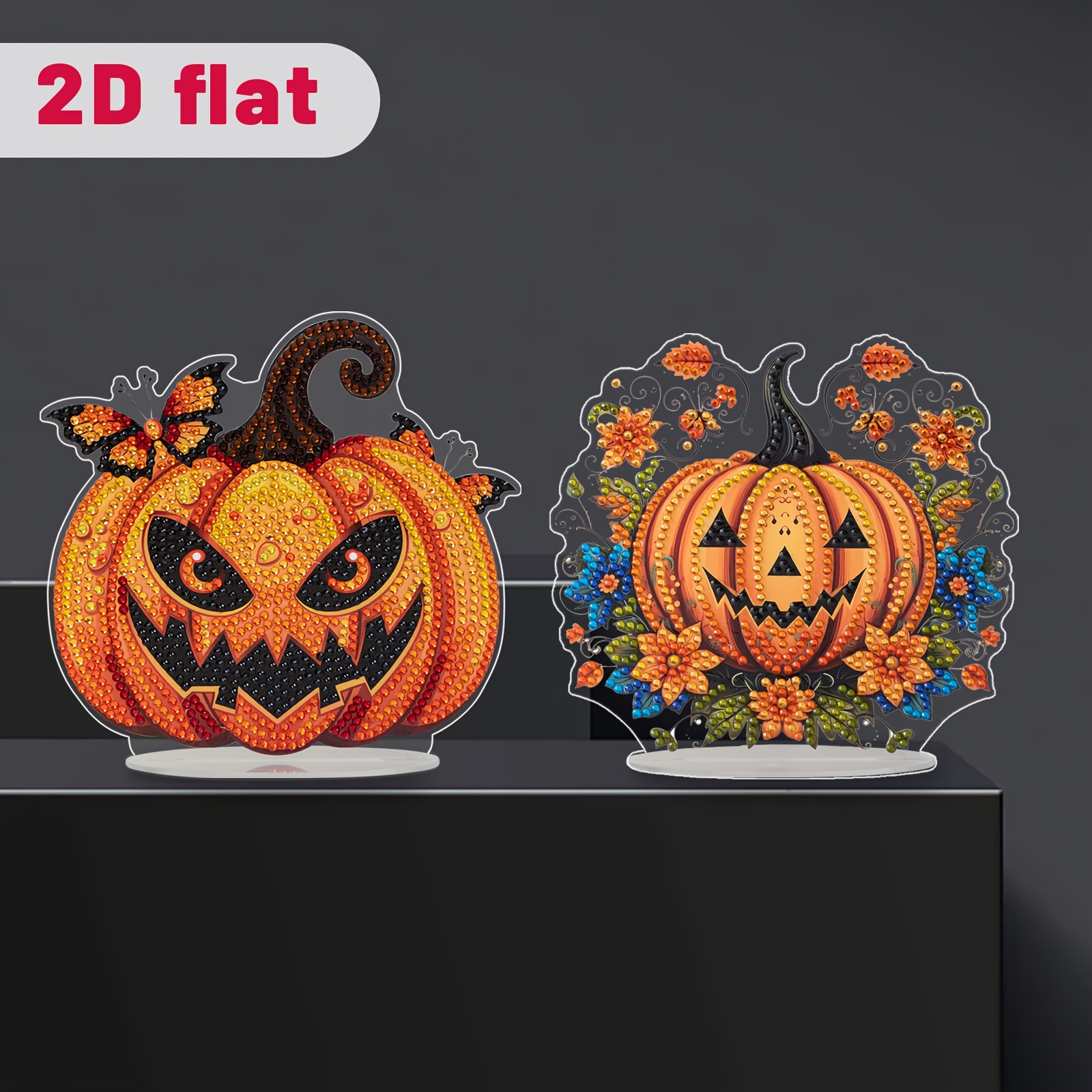 TEMU 2 Pack Halloween Diamond Painting Kits - Diy 2d Art Craft With Sparkling Rhinestones, Pumpkin Design For Home Decor, Festive Tabletop