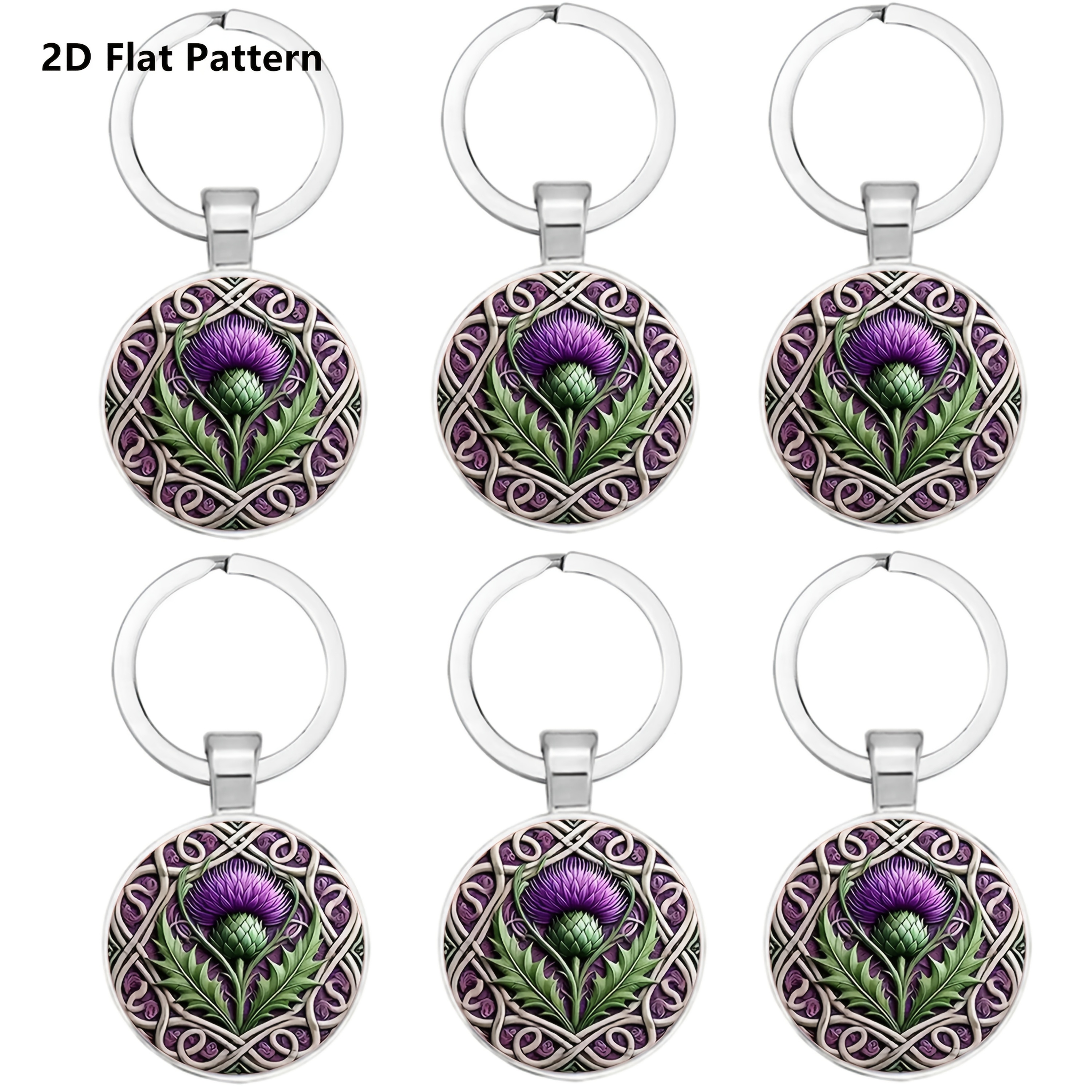 TEMU 2d Flat - 6pcs 2d Flat Pattern Scottish Travel Souvenir Keychain Thistle - Scotland's National Flower Crystal Glass Keychain, Celtic Style