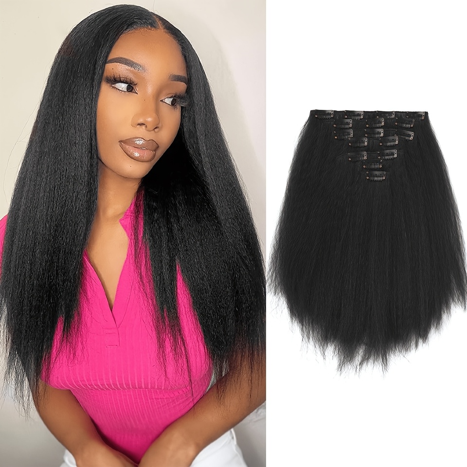 TEMU Lot de 7 extensions de cheveux à clips Kinky Straight pour femme, 16 clips, couverture complète, extensions de cheveux synthétiques Straight à