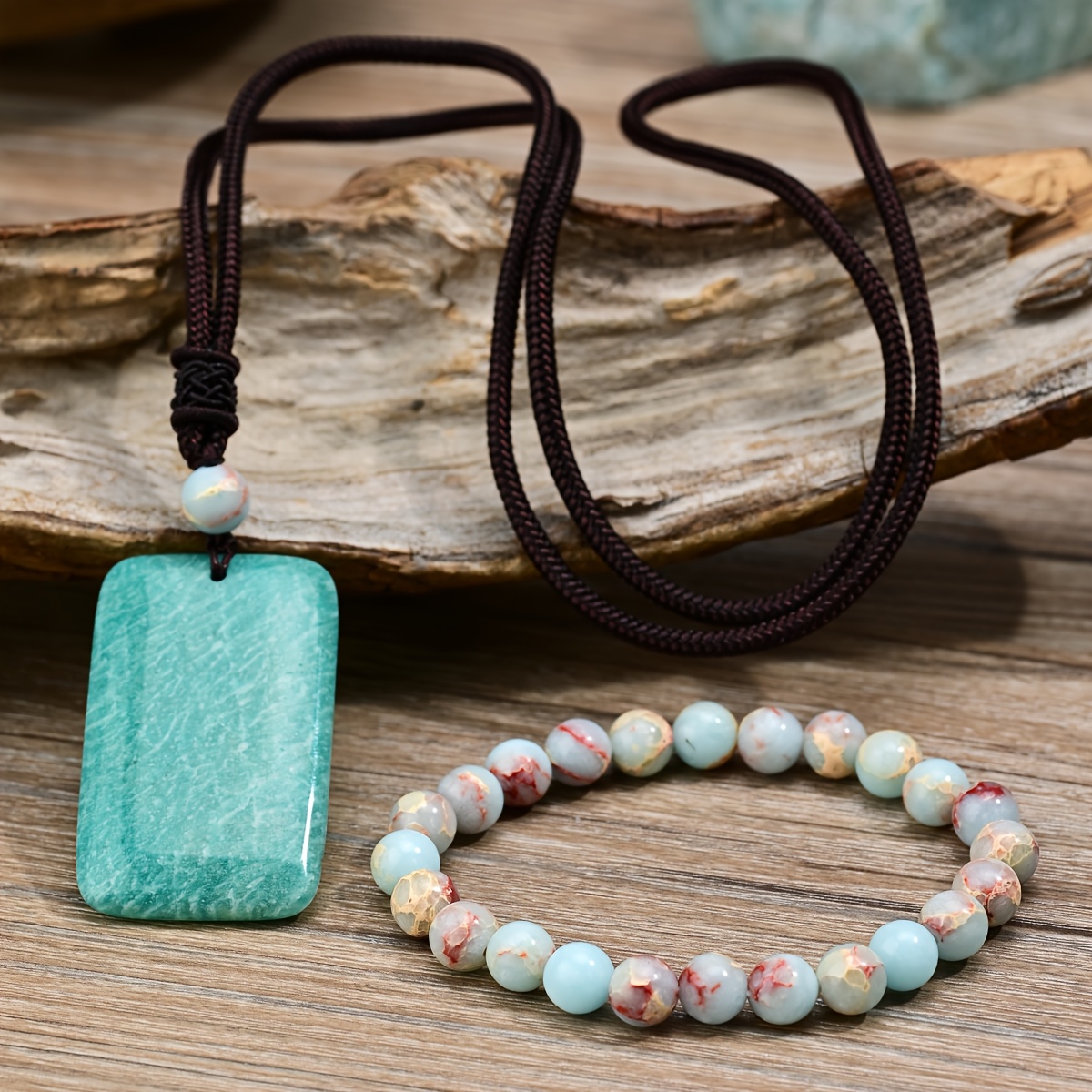 Amazonite Cube Pendant Necklace & Bracelet Set for Women