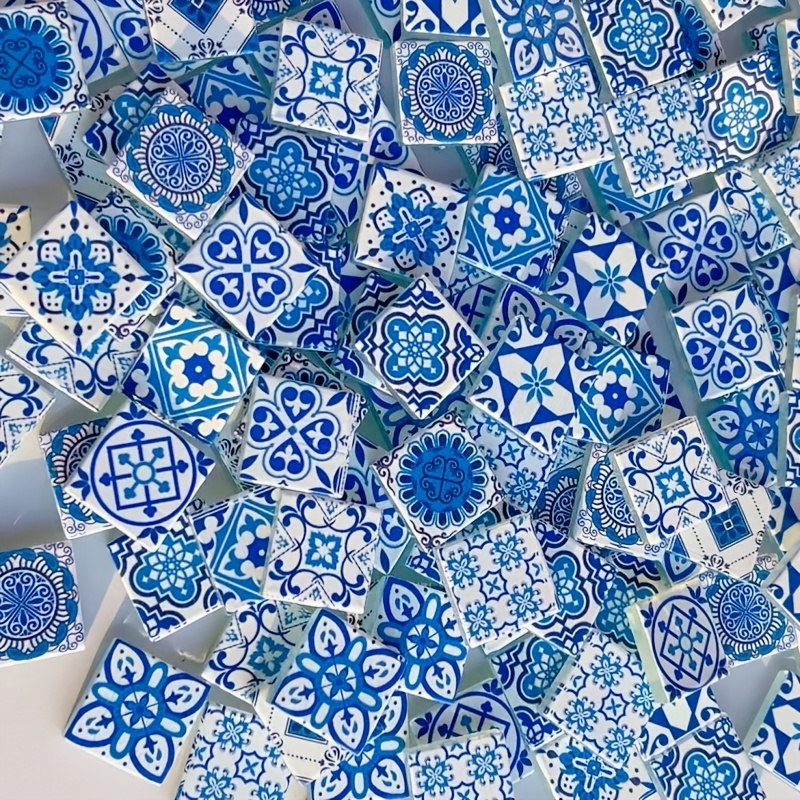 TEMU 120/220g Blue And White Mixed Surface-colored Floral Pattern Glass Mosaic Tiles, 2.3*2.3cm Fusible Glass Supplies, Usable For Diy Craft